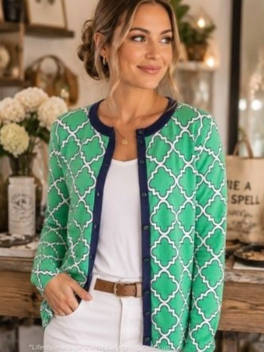 Crown & Ivy Green Geometric Cotton Cardigan XL